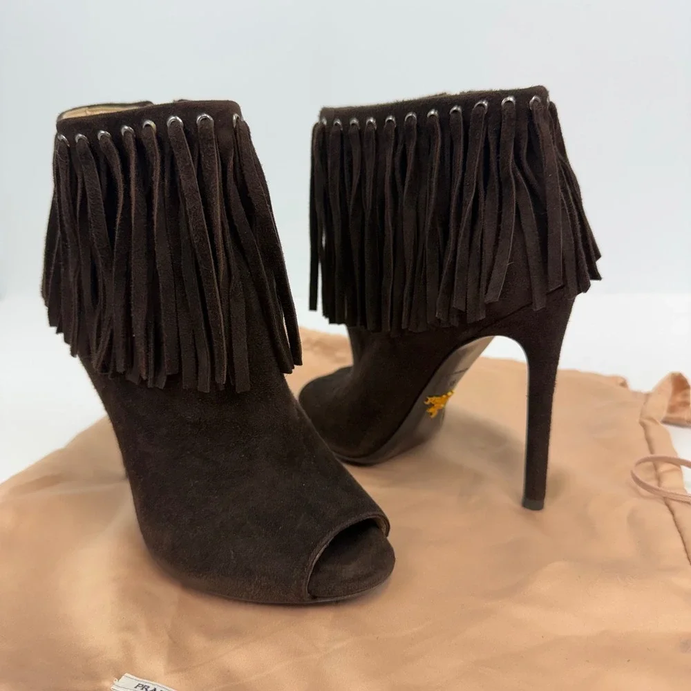 Prada Fringe Peep Toe Booties‎ Women's 35 Brown Suede Stiletto Ankle Heels